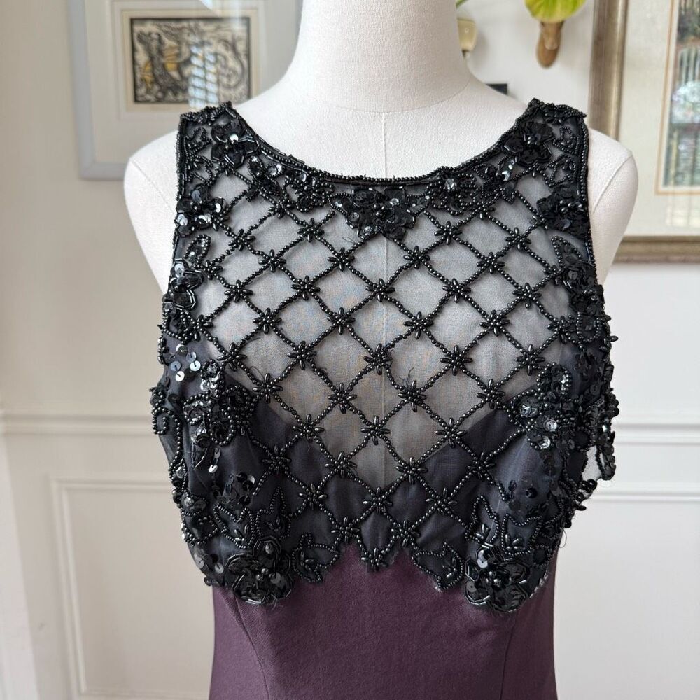 Vintage 80s 90s Purple Black Mesh Beaded Illusion Bodice Formal Gown M - Picture 2 of 9
